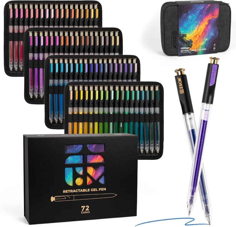 ZSCM Retractable Glitter Gel Pens,72 Colors Large Capacity Multicolor Glitter Metallic Gel Ink Pens, 1 mm Fine Point Smooth Writing Color Pens for Adult Coloring Book Note Taking Aesthetic Art Supplies - Image 1